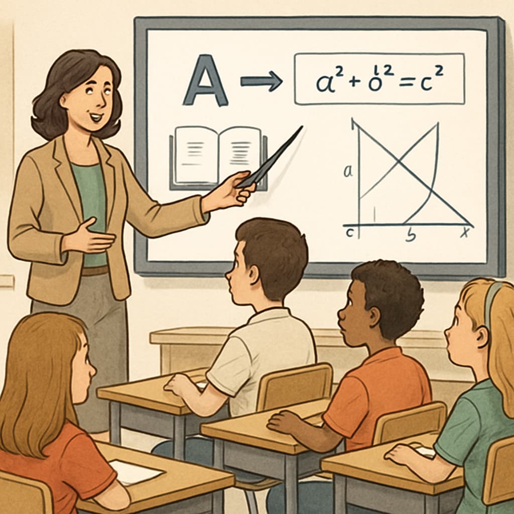 A teacher using an interactive tool to explain concepts to engaged K12 students. A teacher demonstrating interactive learning methods to K12 students.