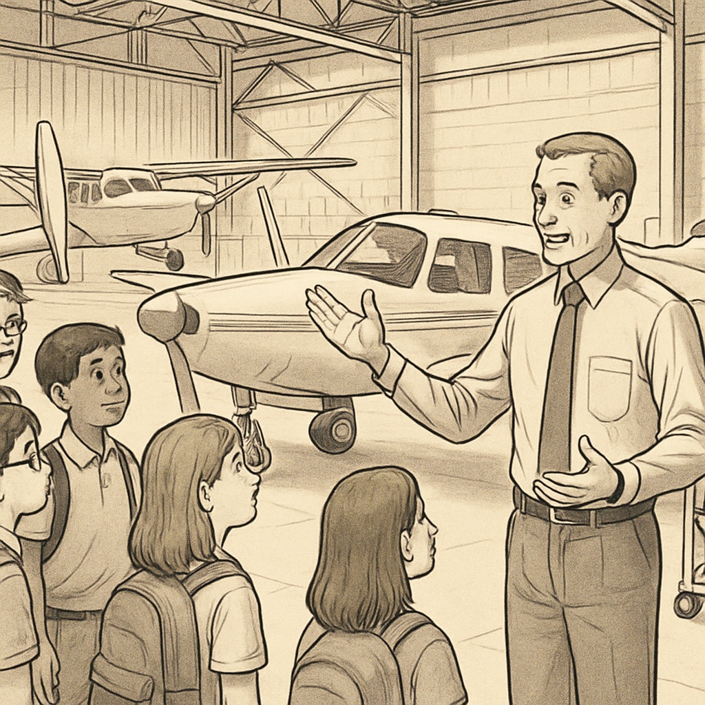 A group of students touring a local airport hangar, guided by an aviation expert. Students visiting an airport hangar to learn about aviation careers.