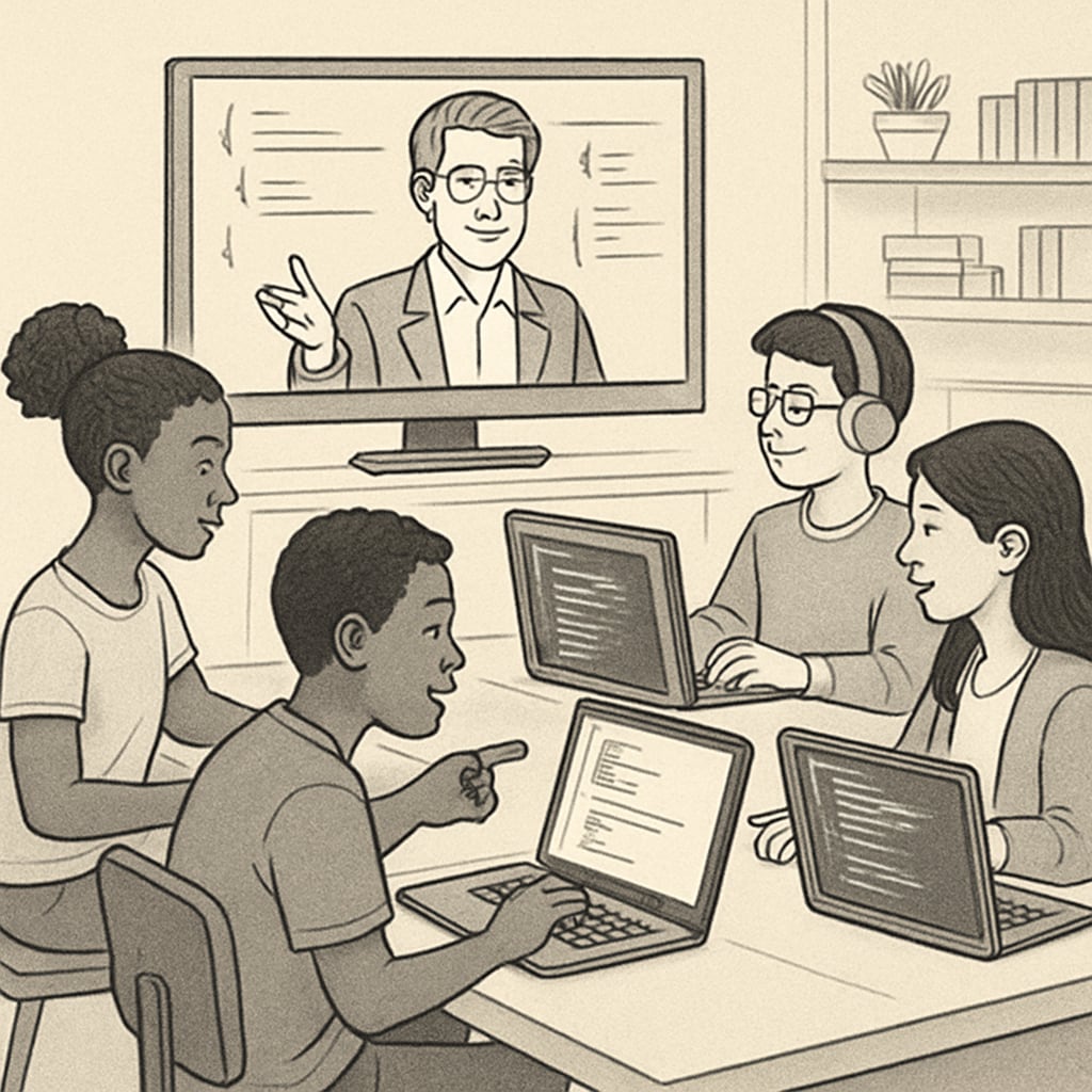 A diverse group of students engaging in an online computer science class, highlighting the flexibility and inclusivity of digital education. Online computer science class showcasing diversity and inclusivity.