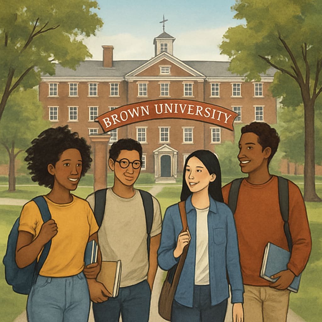 A group of students walking through Brown University’s campus, symbolizing diversity and inclusion. Brown University campus with diverse students walking, representing gender inclusivity.