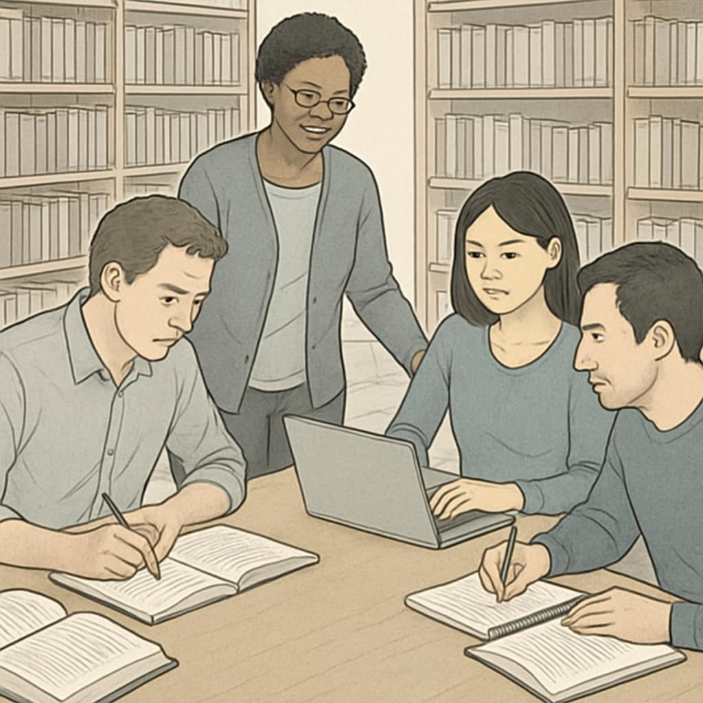 A supportive adult learning environment, such as a study group or library setting. Adult learners participating in a study session to address educational gaps.