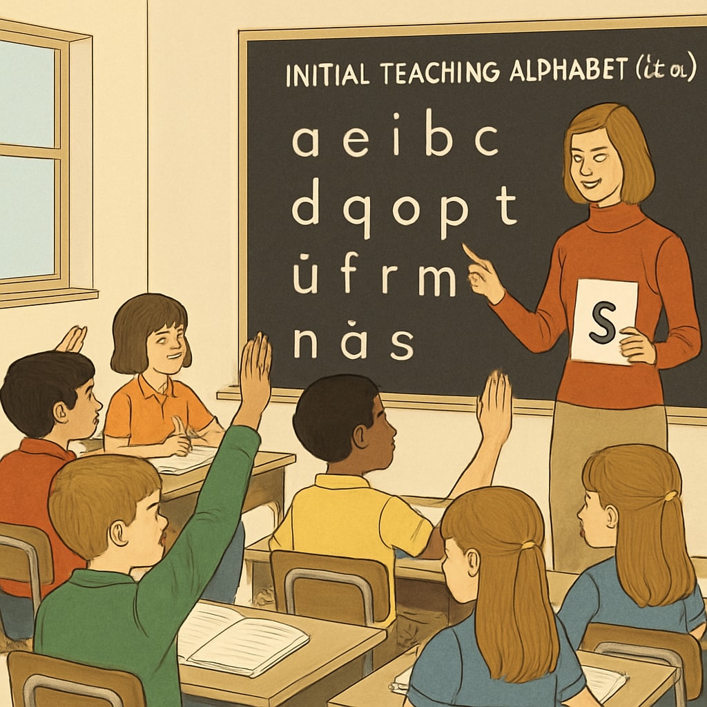A vintage classroom from the 1970s showing students learning the Initial Teaching Alphabet. 1970s classroom with students using the Initial Teaching Alphabet to learn reading.