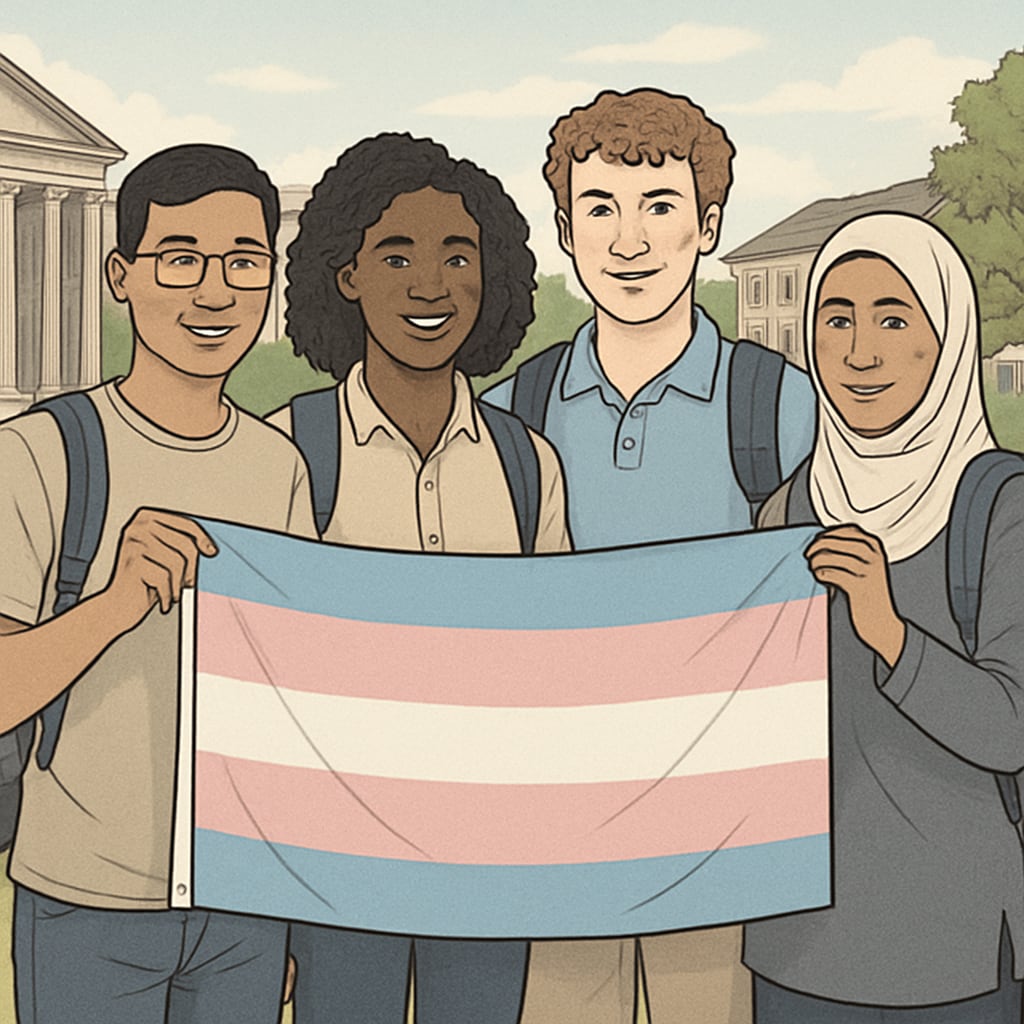 A transgender pride flag being held by a group of students at a university campus event. Students holding a transgender pride flag at a university event, symbolizing support for transgender rights.