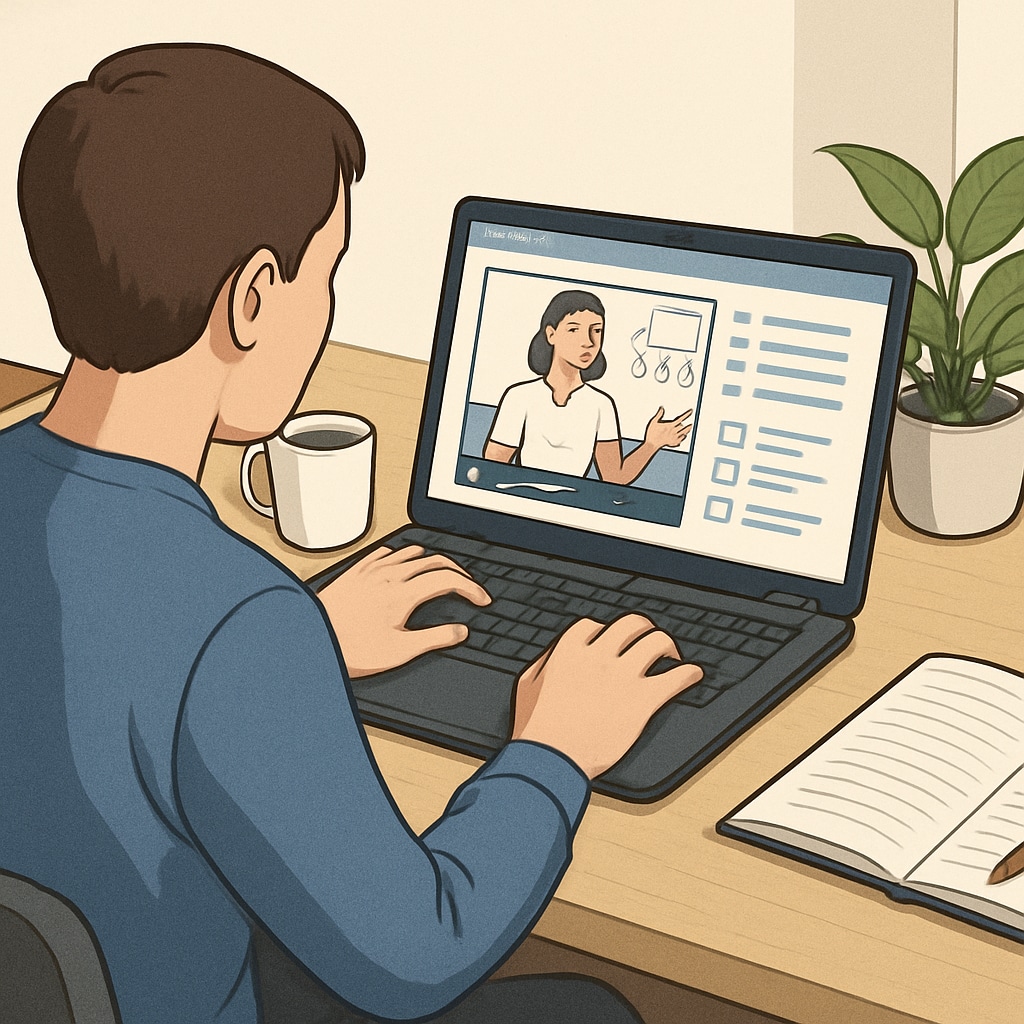 An individual using an online learning platform on a laptop. Adult self-learning using online resources to bridge educational gaps.