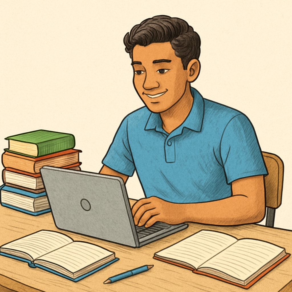 A Latin American student studying with a laptop to symbolize affordable online education. Image of a Latin American student studying online, representing affordable education options.