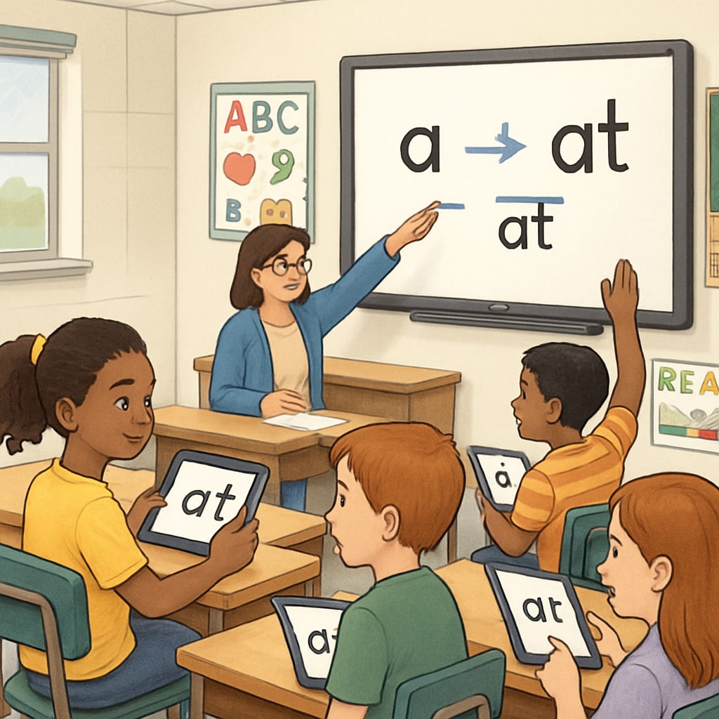 A modern classroom with children learning phonics-based reading methods using digital tools. Children in a modern classroom using phonics-based methods instead of the Initial Teaching Alphabet.