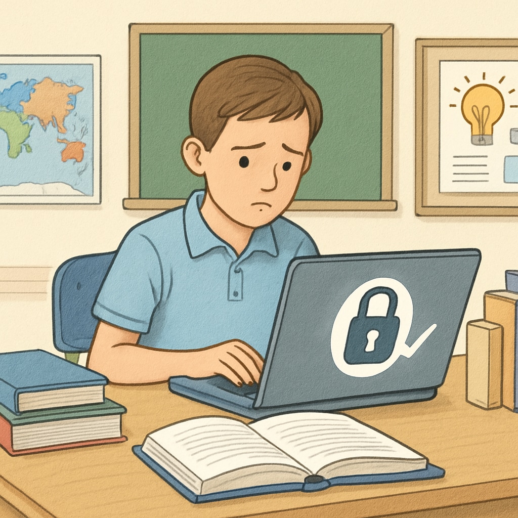 A student using a laptop in a classroom environment, symbolizing restricted access to online resources due to age verification laws. Student facing online access restrictions due to age verification laws.
