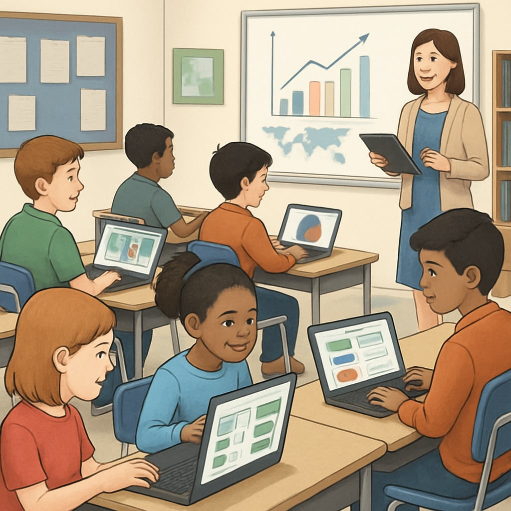 A classroom of students using Chromebooks for interactive learning activities. Students using Chromebooks in a classroom, exploring digital learning resources.