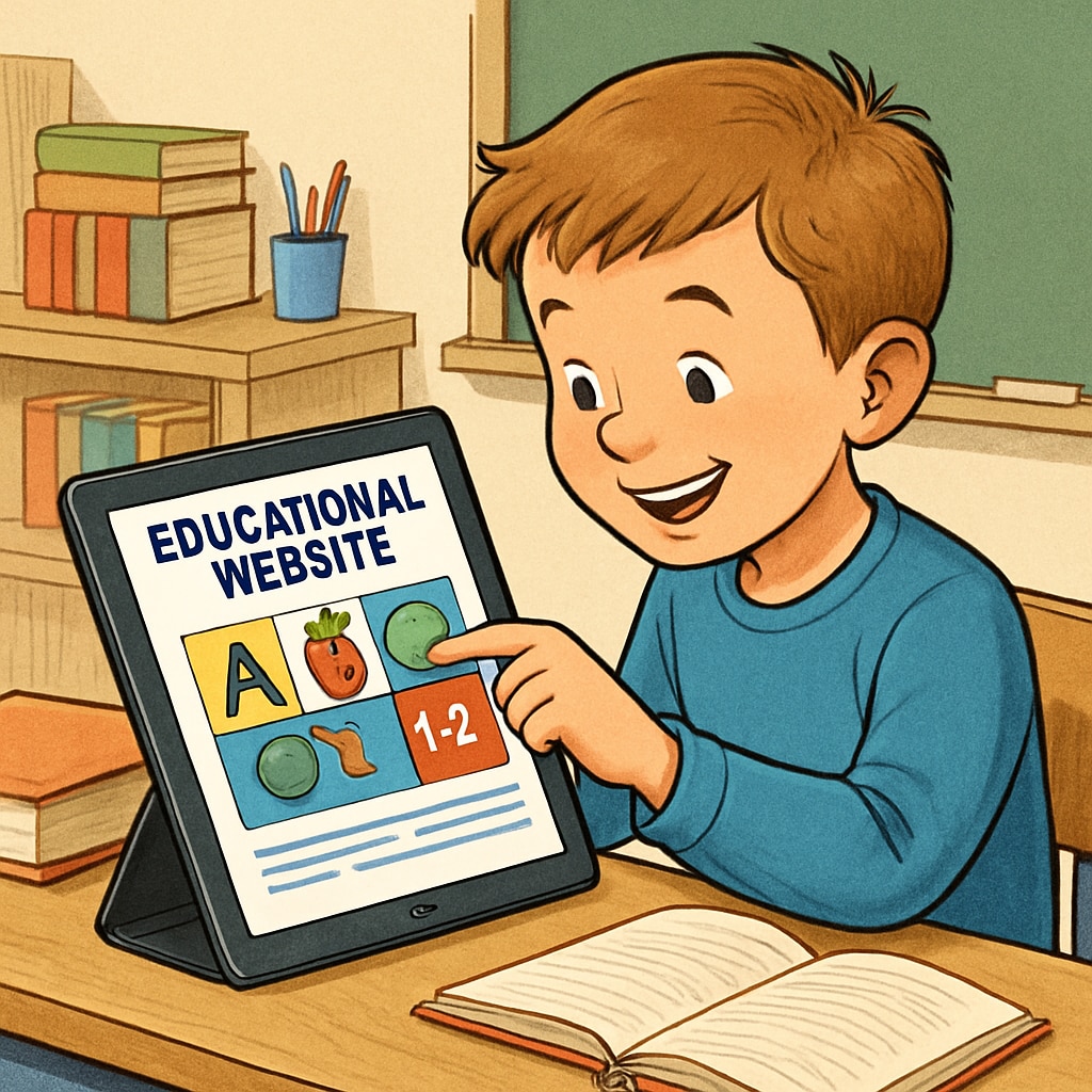A child using an interactive early education website on a tablet, smiling and engaged. Child engaged with free early education website on tablet for summer learning.