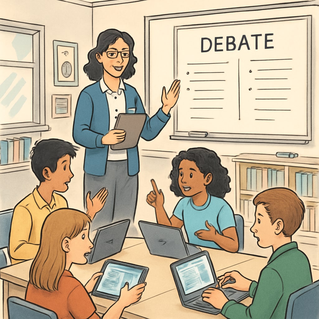 A teacher facilitating a classroom debate while students use EdTech tools for research. A teacher guiding a classroom discussion as students use Chromebooks for research.