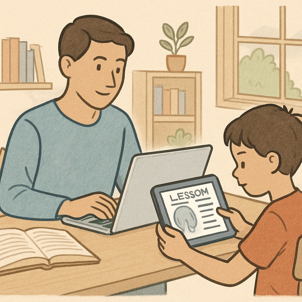 A parent working on a laptop while their child learns through an educational website on an iPad. Parent multitasking while child explores free early education resources online.