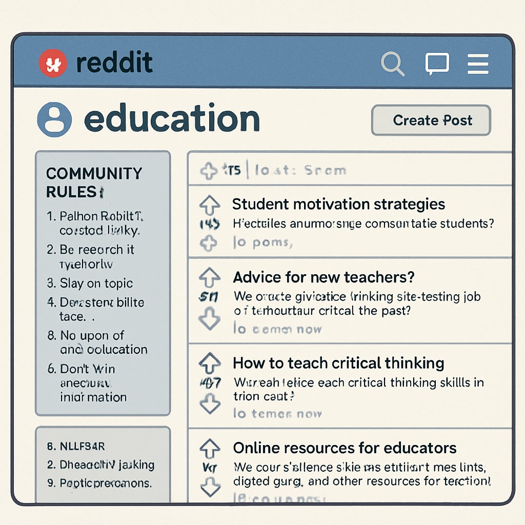A screenshot of a Reddit education subforum, displaying community rules and active discussions. Screenshot of Reddit education subforum with community rules visible.