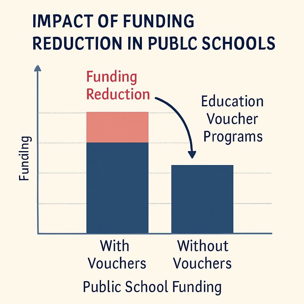 A graph or chart showing the impact of funding reduction in public schools due to education voucher programs. A chart displaying public school funding changes caused by education vouchers.