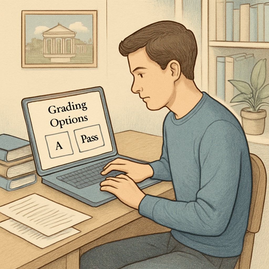 A university student reviewing their grading options on a laptop, symbolizing decision-making in academic systems. Student reviewing GPA and P/NP grading options for career decisions.