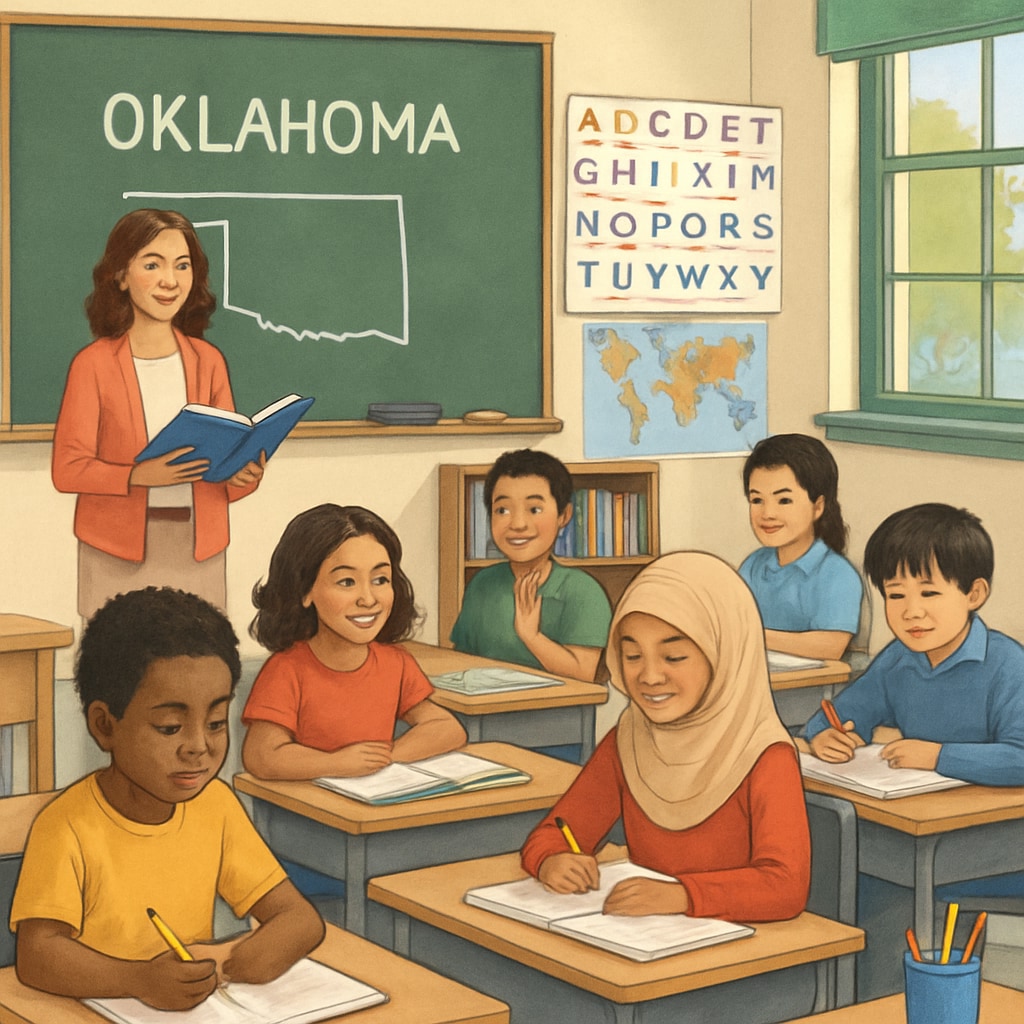 A classroom setting in Oklahoma, symbolizing education and diversity. A classroom environment symbolizing teacher diversity and inclusivity.