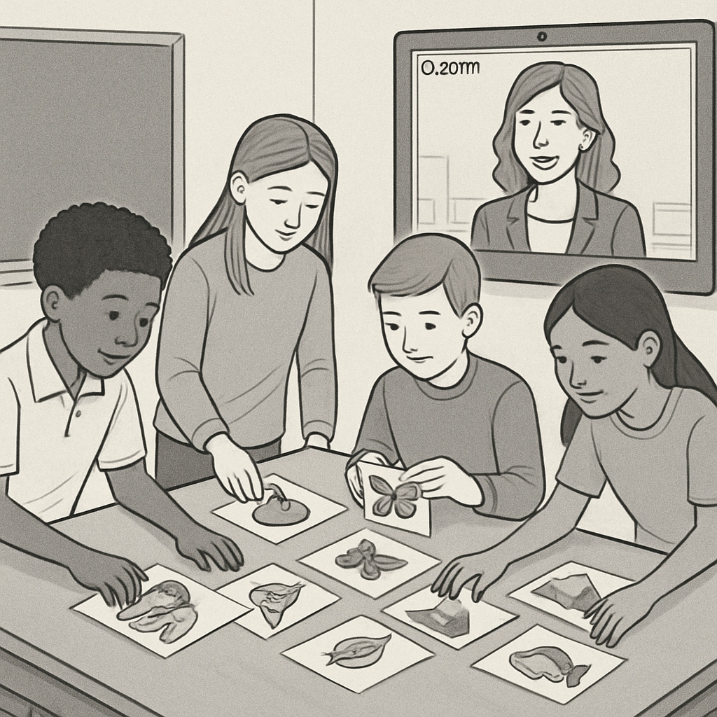 A classroom with students collaborating on a Zoom activity, arranging images on a large table. Students engaged in Zoom activity arranging cards with progressive images.