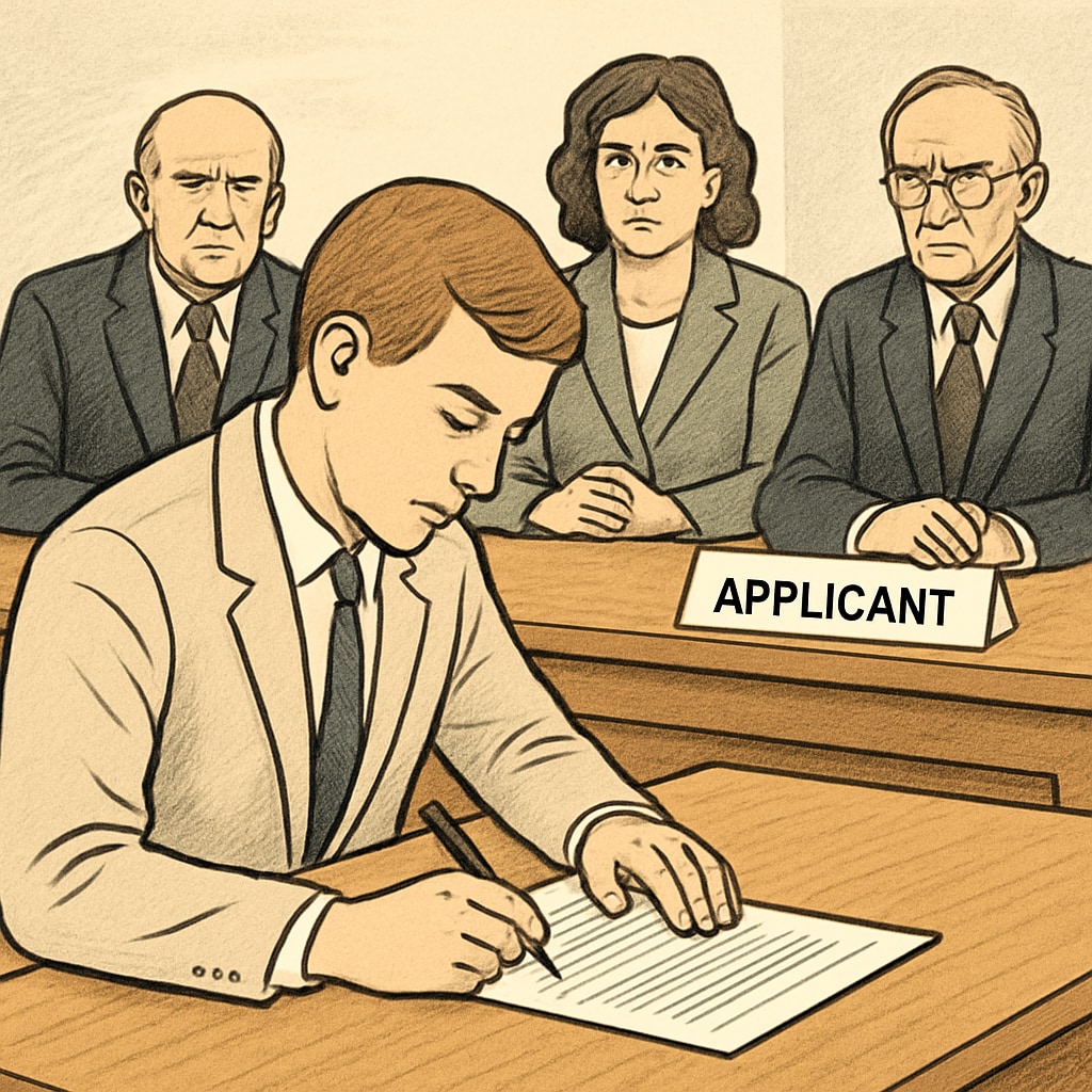 An applicant filling out forms under scrutiny, representing the idea of political testing. An applicant filling forms, illustrating political inclination screening in teacher recruitment.
