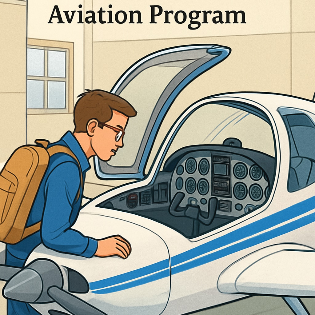 A close-up of a student examining the cockpit of an aircraft during a school aviation program. K-12 student exploring an aircraft cockpit as part of an aviation education program.