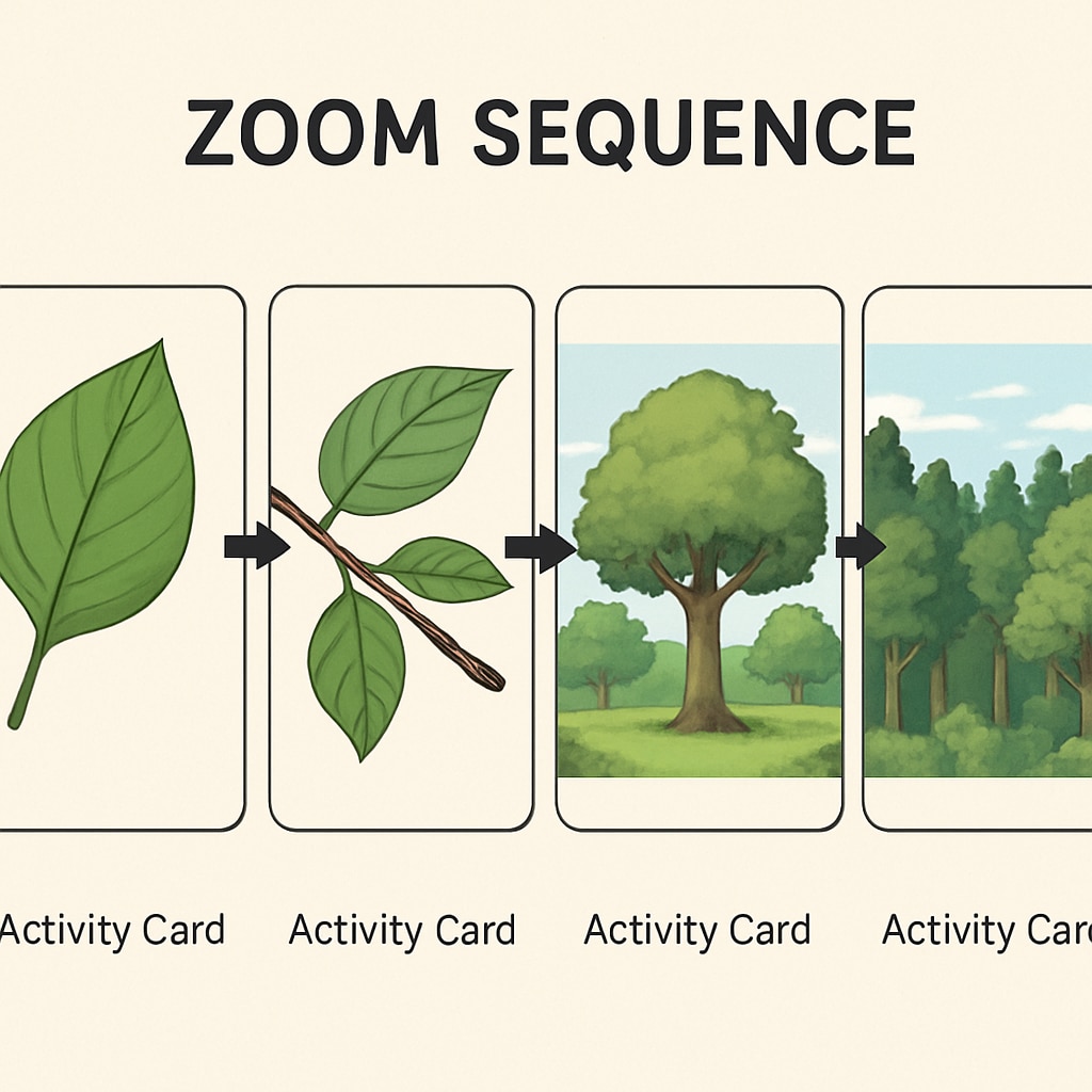 A close-up of Zoom activity cards showing a progressive sequence from a leaf to a forest. Zoom activity cards illustrating a sequence zooming out from a leaf to a forest.