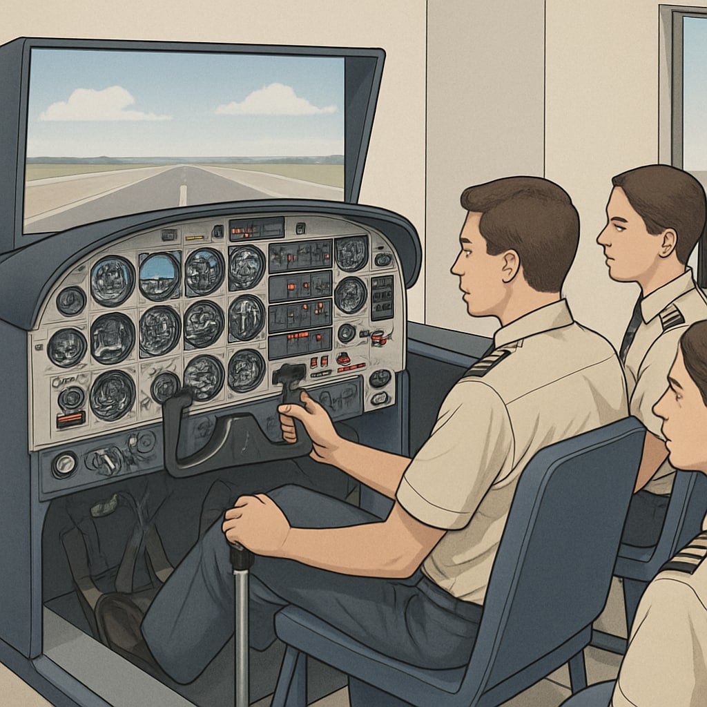 A group of students in a flight simulator, learning the basics of aircraft operation. Students operating a flight simulator to understand the fundamentals of flying.
