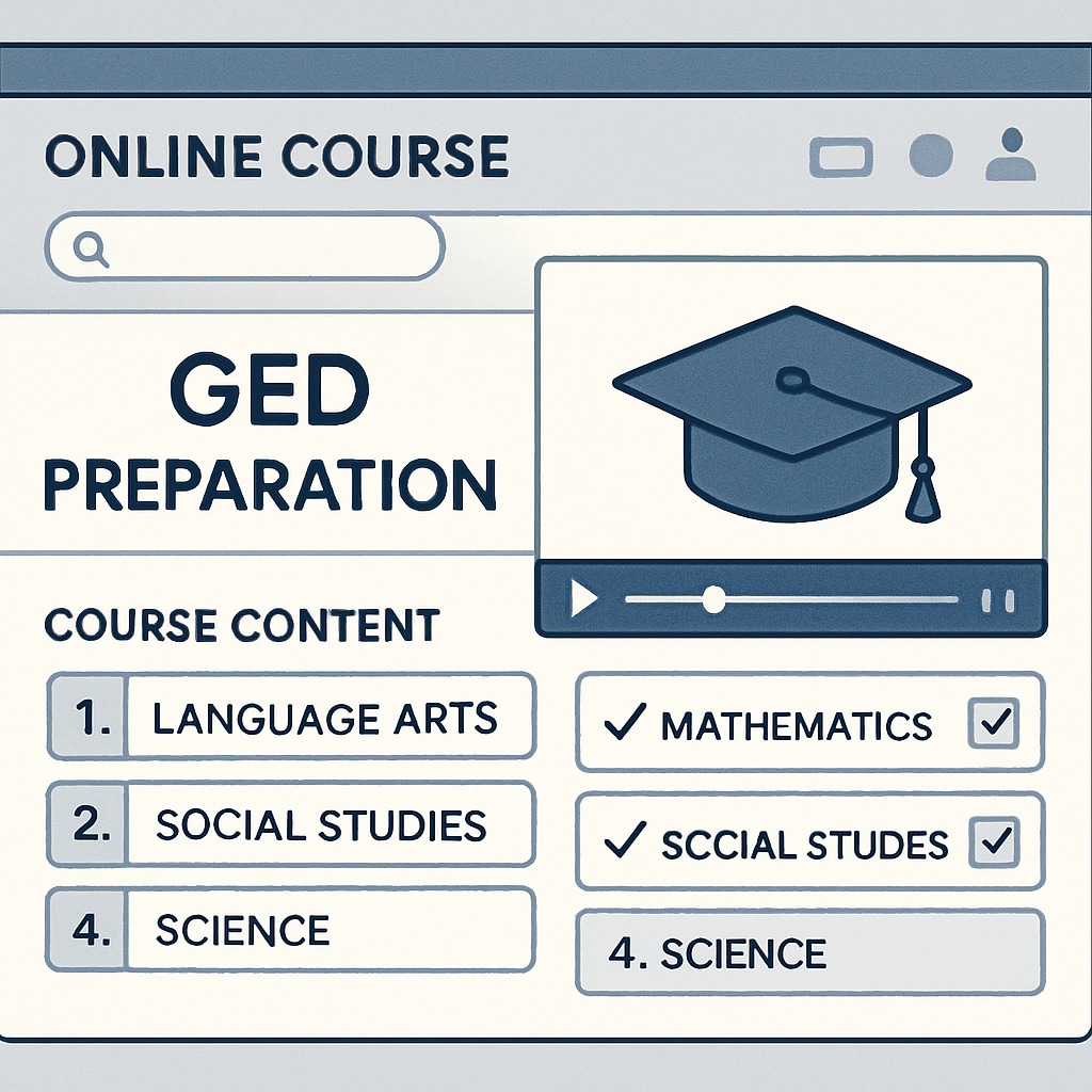 A screenshot of an online course interface showing GED preparation materials. Example of online GED preparation tools.