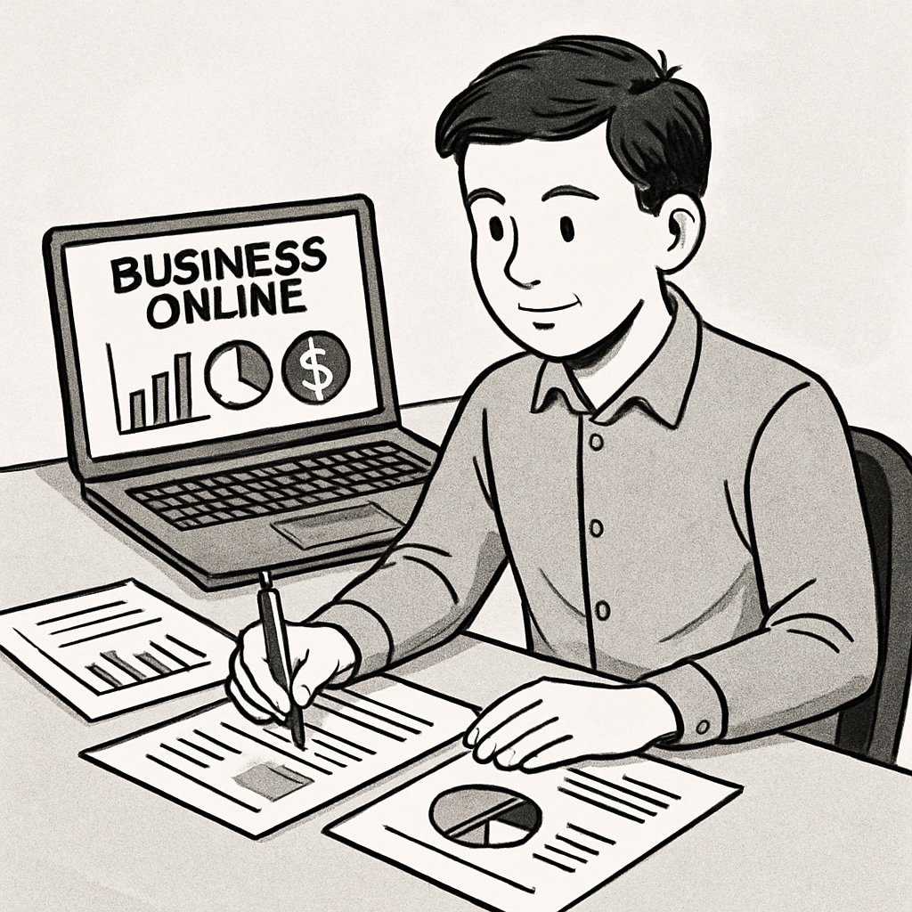 A student studying business concepts online with a laptop and financial documents spread around. A student learning business and finance through an online program.