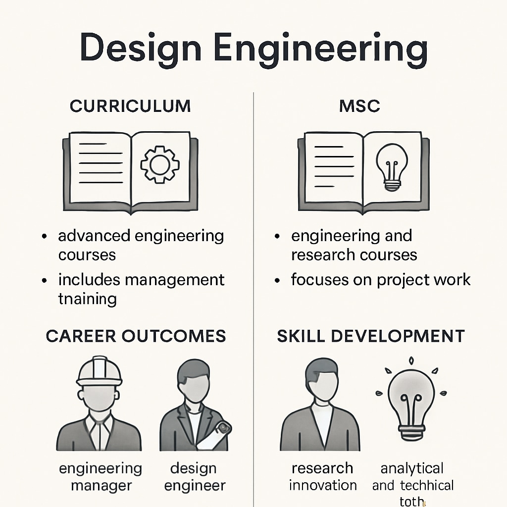 An infographic comparing MEng and MSc degrees in design engineering, showcasing curriculum differences, career outcomes, and skill development. Comparison of MEng vs MSc degrees in design engineering.