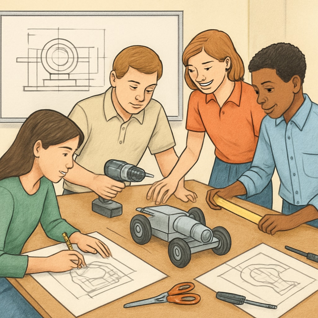 A photograph of students collaborating on a design engineering project, illustrating teamwork and hands-on learning. Design engineering students working on a project.