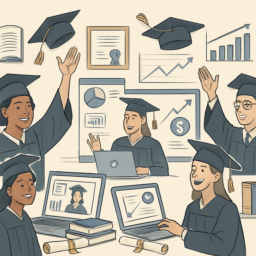A virtual graduation ceremony showcasing students celebrating their online business and finance degrees. Online students graduating with business and finance degrees.