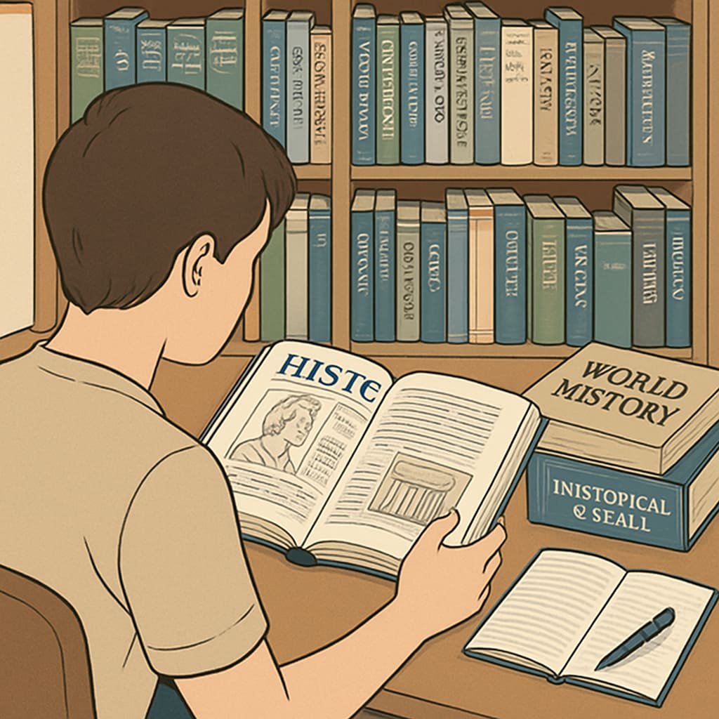 A person reading historical books at a desk to self-learn world history. Adult studying world history to address educational gaps.