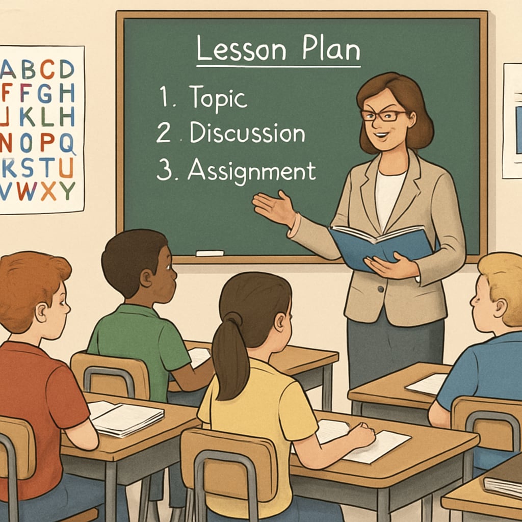 A classroom setting where a teacher is guiding students through a structured lesson plan. Students in a classroom engaged in structured learning activities.