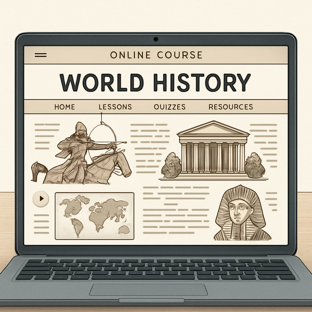A laptop screen showing an online course interface for world history. Online course interface helping adults self-learn world history.