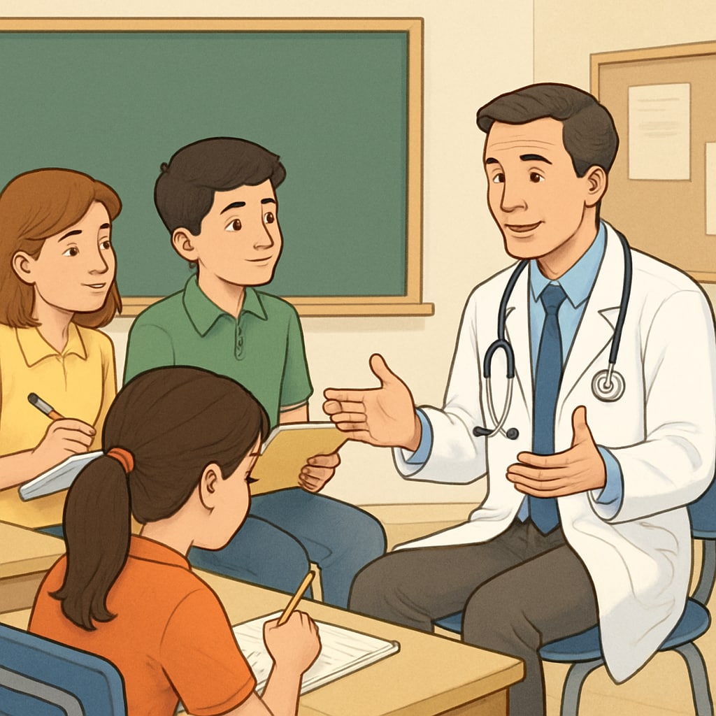 A group of K12 students interviewing a doctor in a classroom setting, with students taking notes enthusiastically. K12 students interviewing a doctor as part of a medical career education project.