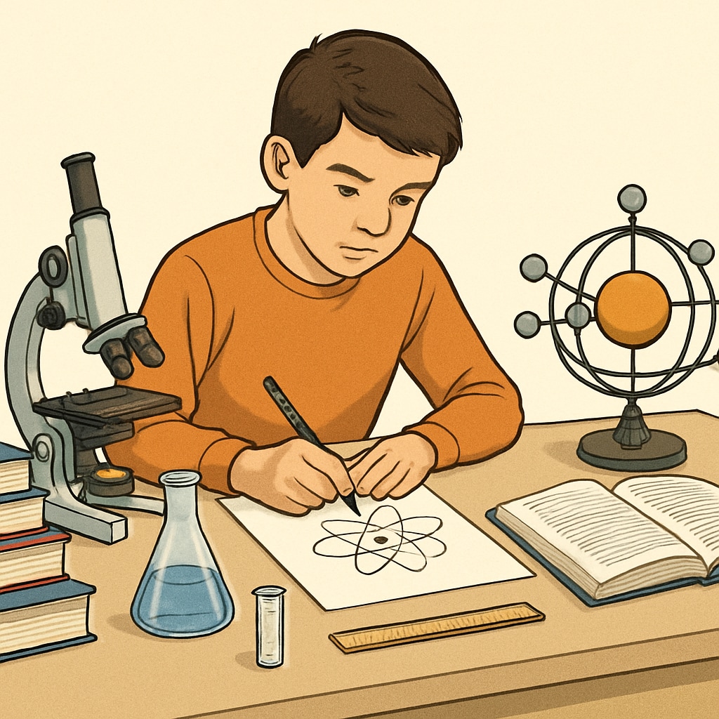 A student independently working on a science project, surrounded by books and tools. A student engaged in self-directed learning for a science project.