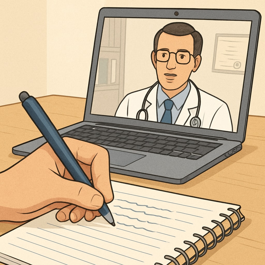 A close-up of a student writing down notes during a virtual interview with a medical professional on a laptop screen. Student engaging in an online doctor interview project for medical career exploration.