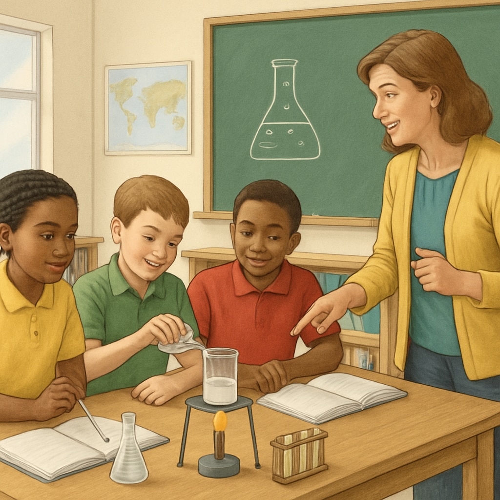 Students engaging in a hands-on science experiment guided by a teacher in a classroom. Middle school students conducting science experiments under teacher supervision.