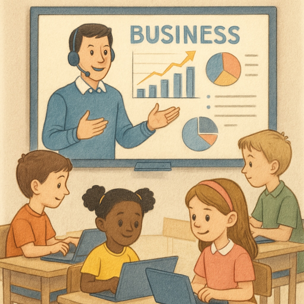 A group of children learning business concepts online in a virtual classroom setting. Kids learning business education through virtual resources provided by a nonprofit.