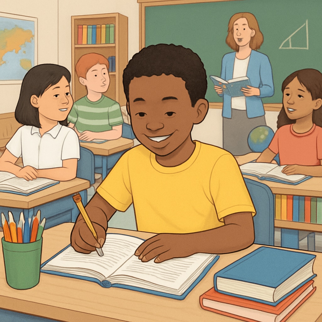 A child learning in a diverse classroom setting, surrounded by textbooks and resources, reflecting K12 education themes. K12 education with a child learning in a diverse classroom.