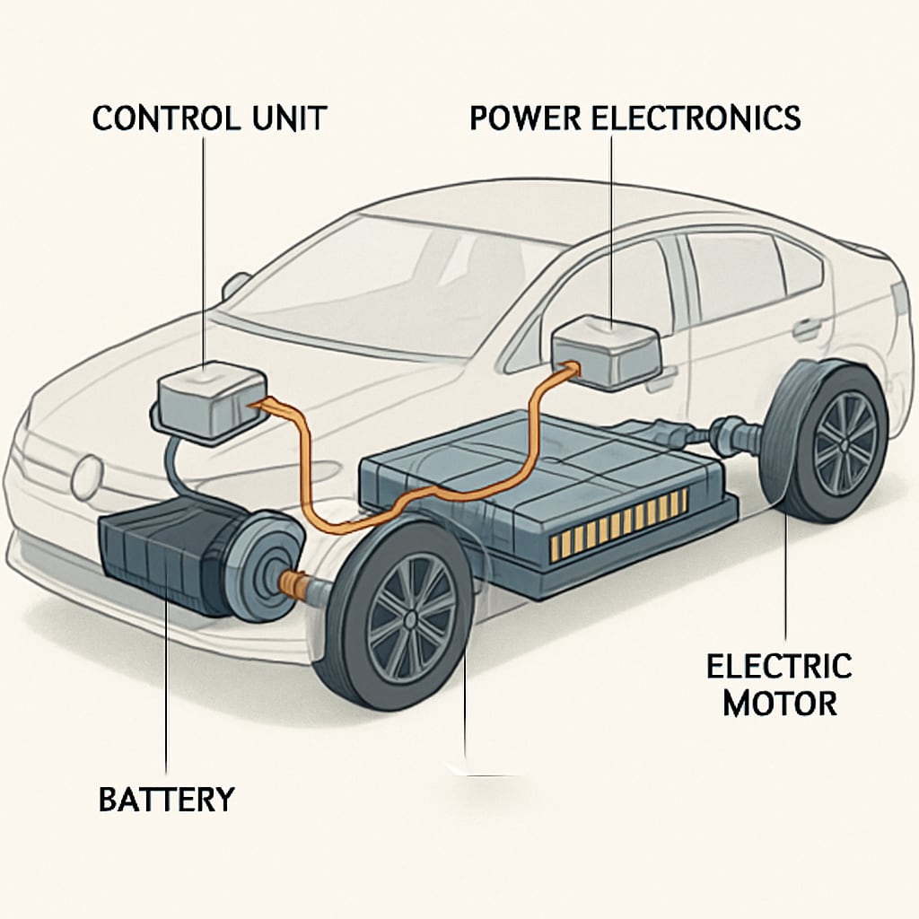 An illustration showing the internal workings of an electric vehicle, including the battery, powertrain, and control units. Electric vehicle components including battery, powertrain, and control units.