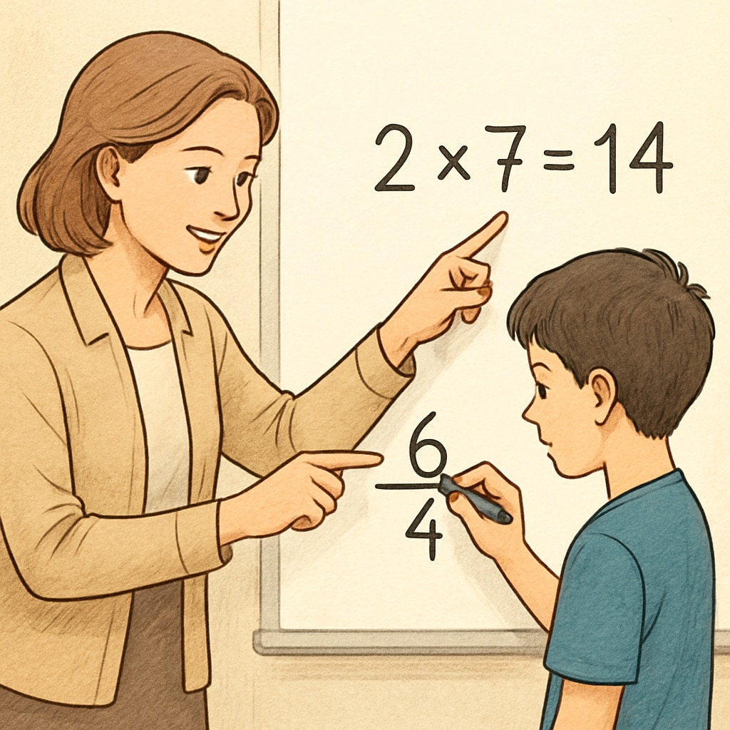 A teacher helping a student solve a math problem on a whiteboard, showcasing supportive learning. Teacher assisting a student with math anxiety in understanding exam problems.