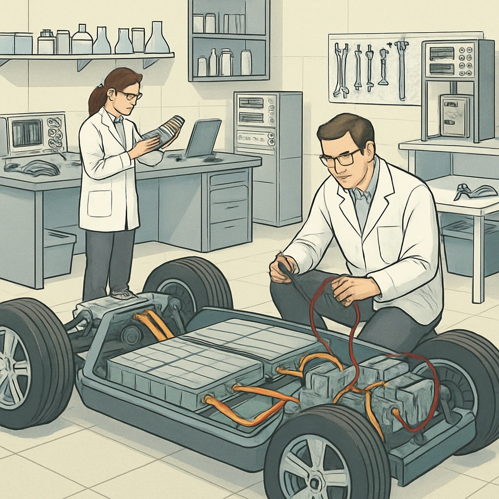 Engineers working on electric vehicle components in a laboratory setting. Engineers testing electric vehicle components in a lab environment.