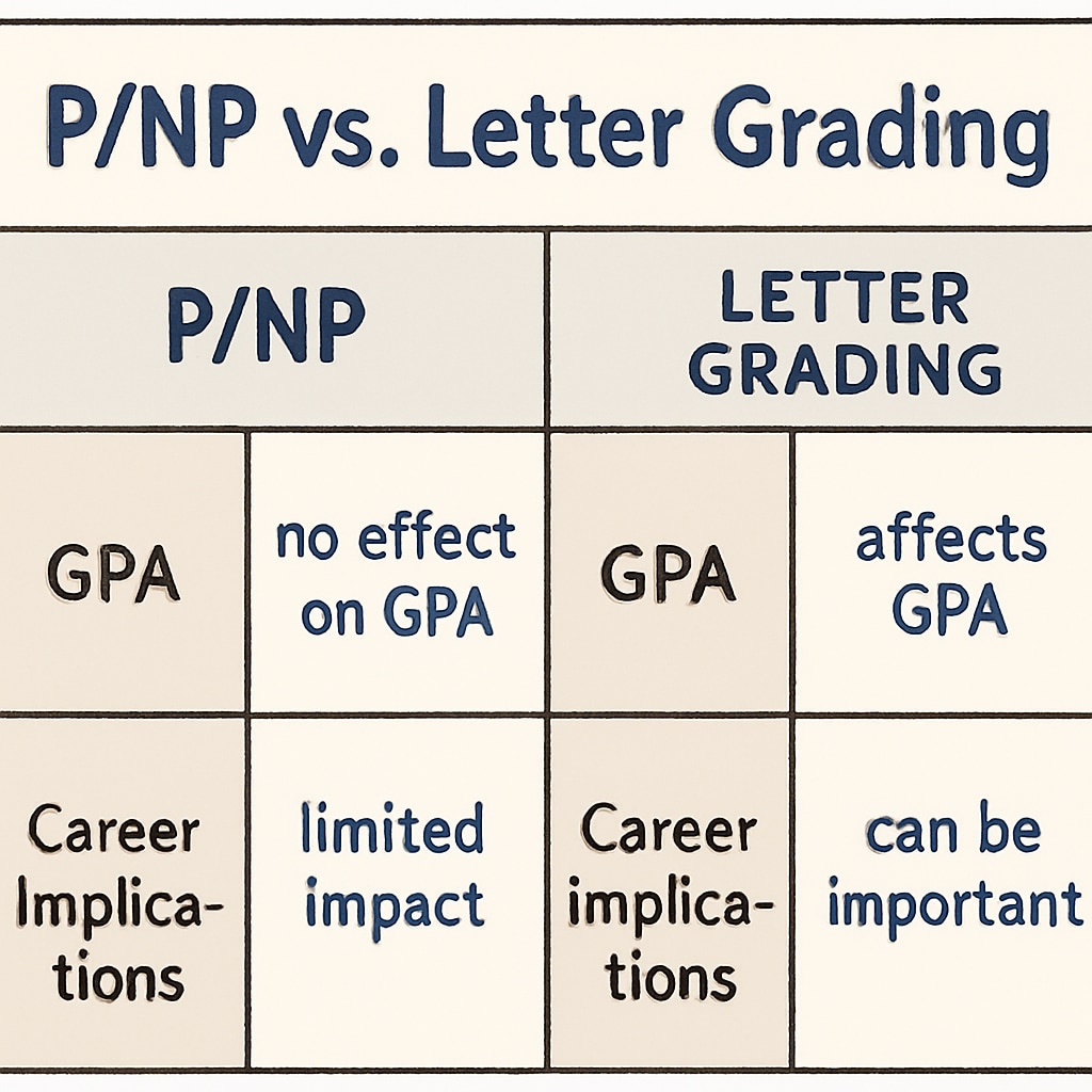 A comparison chart illustrating the differences between P/NP and letter grading systems, focusing on GPA impact and career implications. A chart comparing P/NP grading and letter grades, highlighting GPA and career effects.