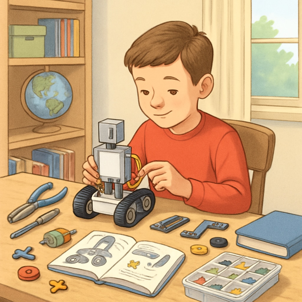 A young boy exploring a basic robotics kit at home, surrounded by tools and toy parts. Hands-on learning for a 4-year-old boy using a robotics kit.