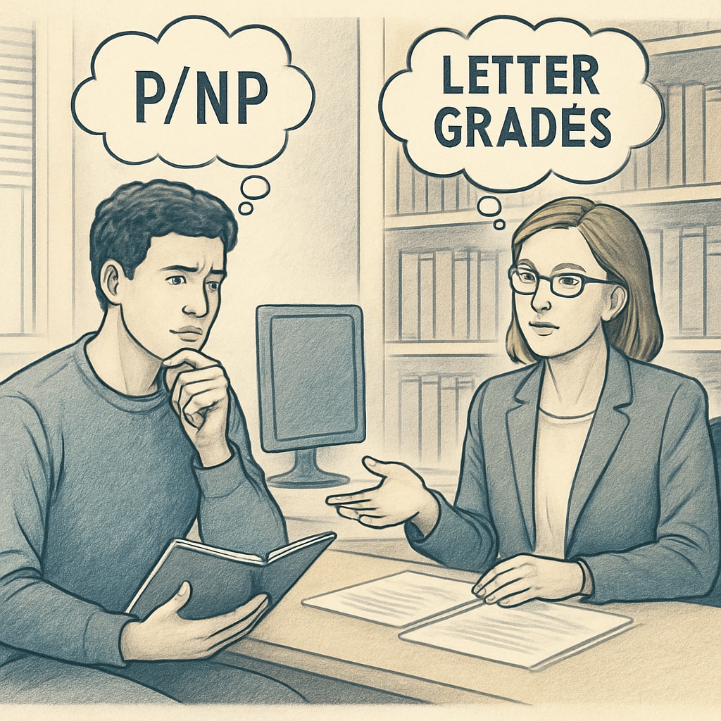 A college student weighing options between P/NP and letter grades in an academic advisor’s office. A student discussing grading options with an academic counselor to balance GPA and career goals.