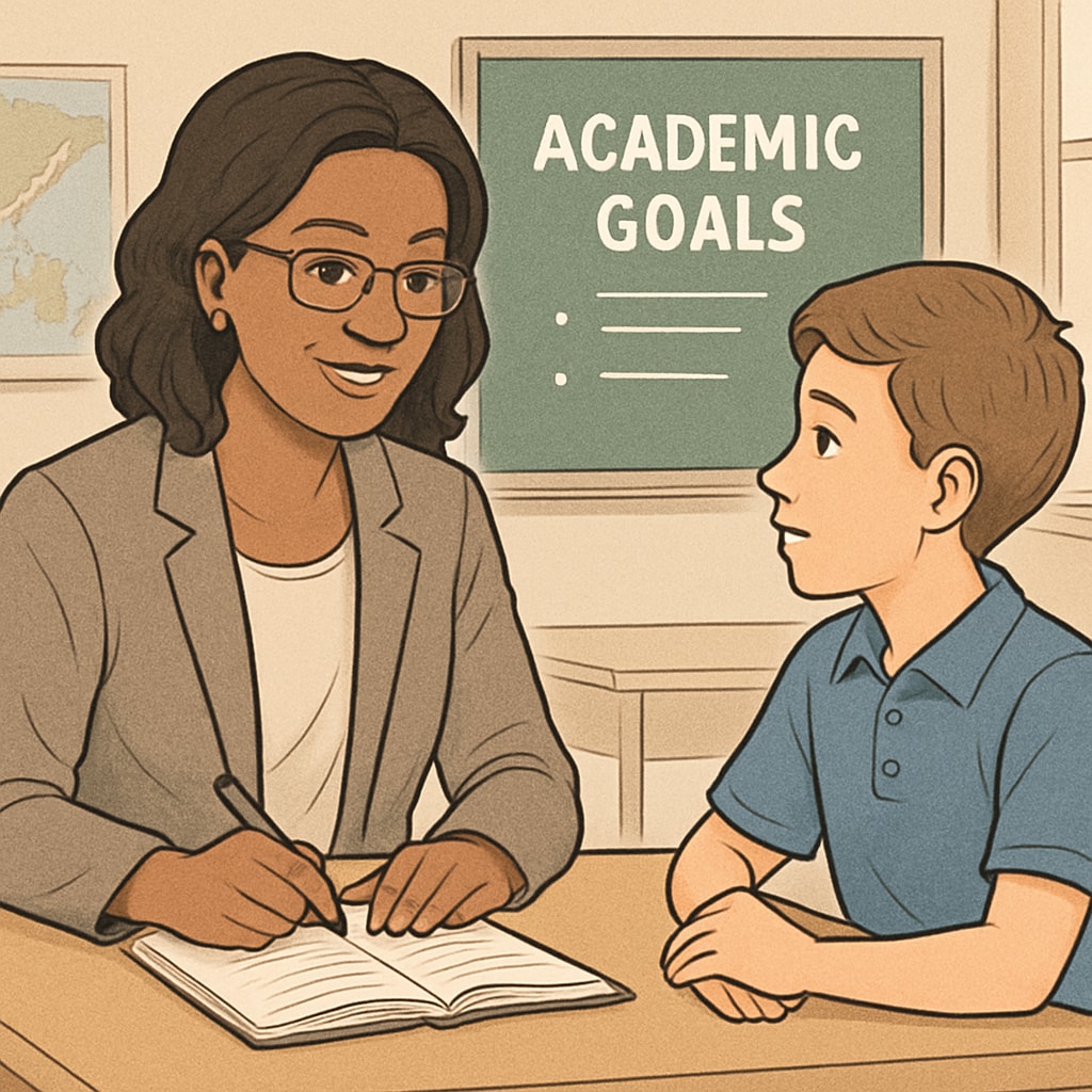 A school counselor sitting with a student in a classroom, discussing academic goals. School counselor discussing academic goals with a student.