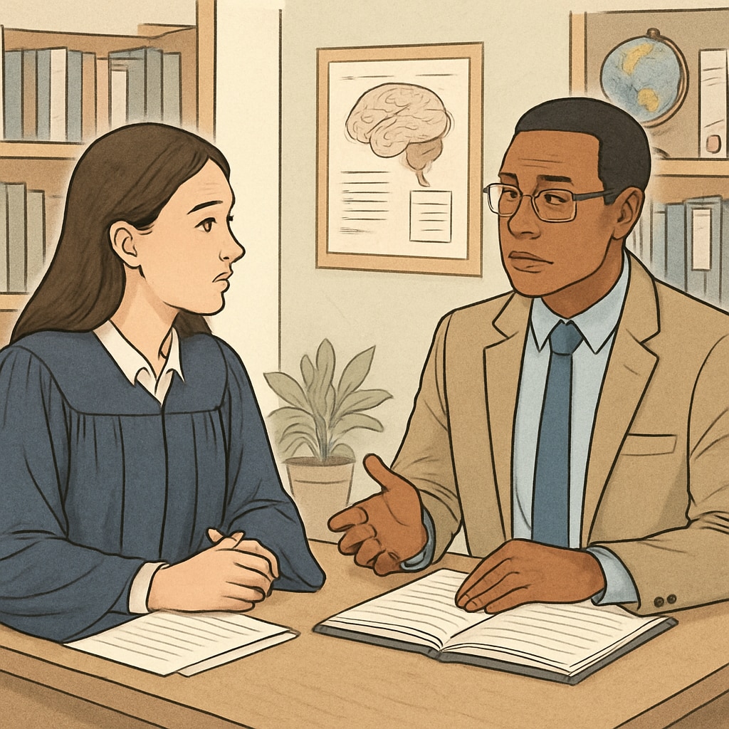 A graduate student interviewing a school counselor in a quiet office setting. Graduate student conducting an interview with a school counselor.