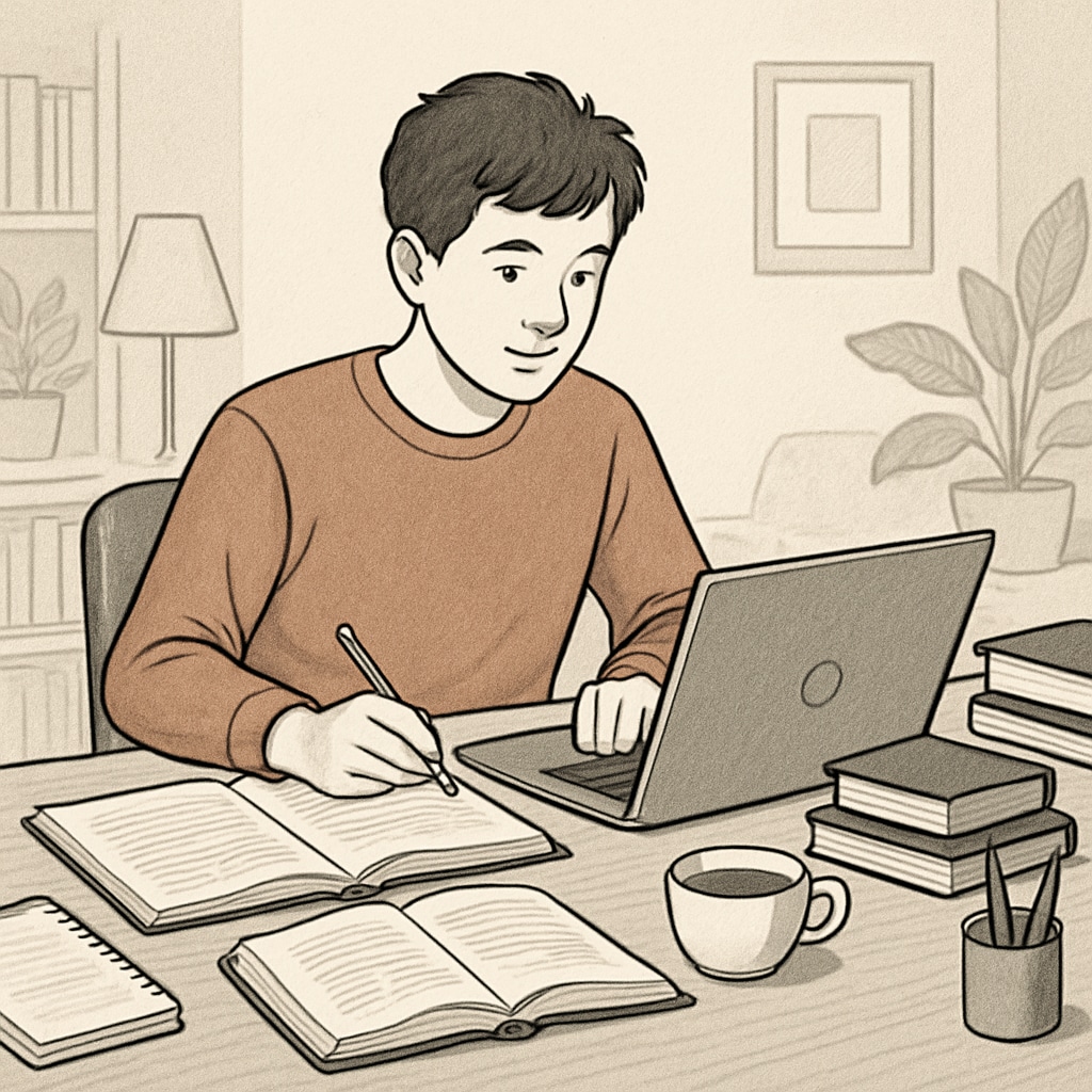 A student studying on a laptop at home, representing online education flexibility. Online learning for GED or high school diploma programs.