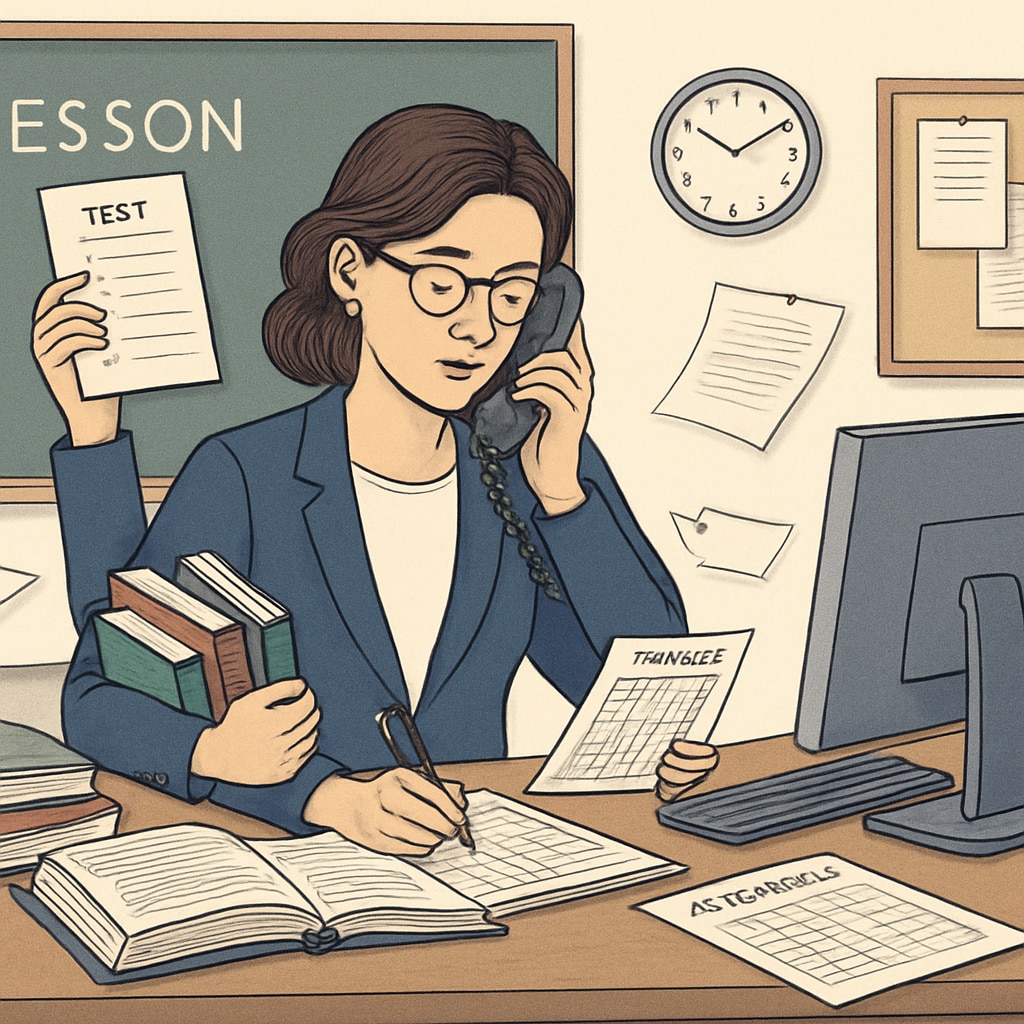 A teacher managing multiple tasks at her desk, illustrating administrative burdens in K12 education. A teacher managing multiple tasks at her desk, symbolizing education problems and administrative challenges.