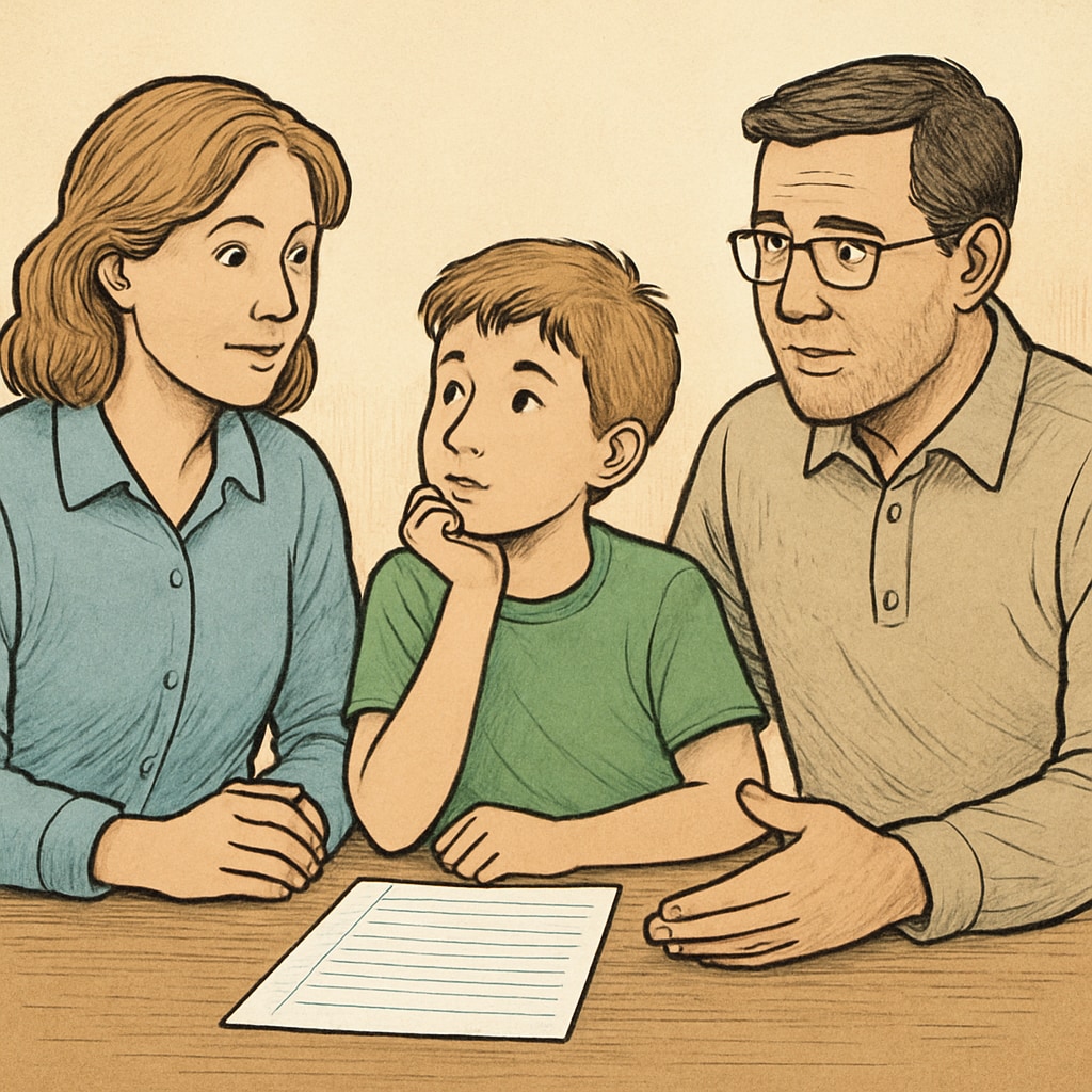 A family sitting together at a table, discussing a learning schedule for their child with ADHD. Family discussing ADHD learning strategies at home.