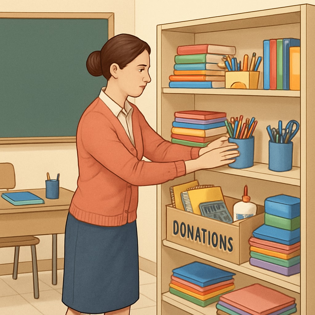 A teacher organizing donated school supplies on a classroom shelf, highlighting the importance of community contributions. Teacher organizing donated classroom supplies to support education.